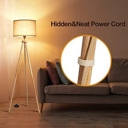 OUTON Solid Wooden Tripod Floor Lamp, Dimmable LED Standing Lamp with Remote Control & 4 Color Temperatures, 1H Timer, Floor Lamp with Linen Shade for Living Room Bedroom(Blub Included), Wood