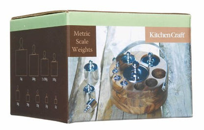 KitchenCraft Living Nostalgia Kitchen Scale Weights Set (Metric) with Wooden Holder in Gift Box, Polished Metal, 10 Pieces