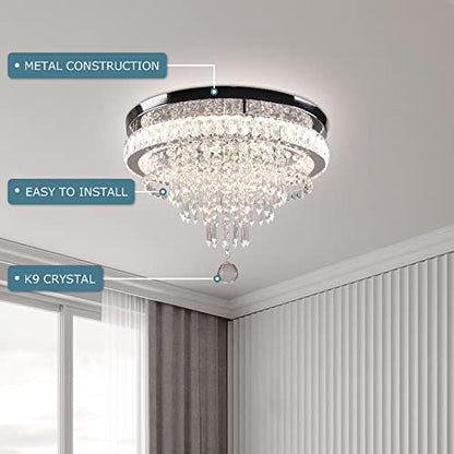 FRIXCHUR 19.7'' Crystal Chandelier Ceiling Light Living Room Modern Bedroom Chandeliers LED Flush Mount Light Fixture for Kitchen Hallway Bathroom with Remote Control (Stepless-Dimmable)