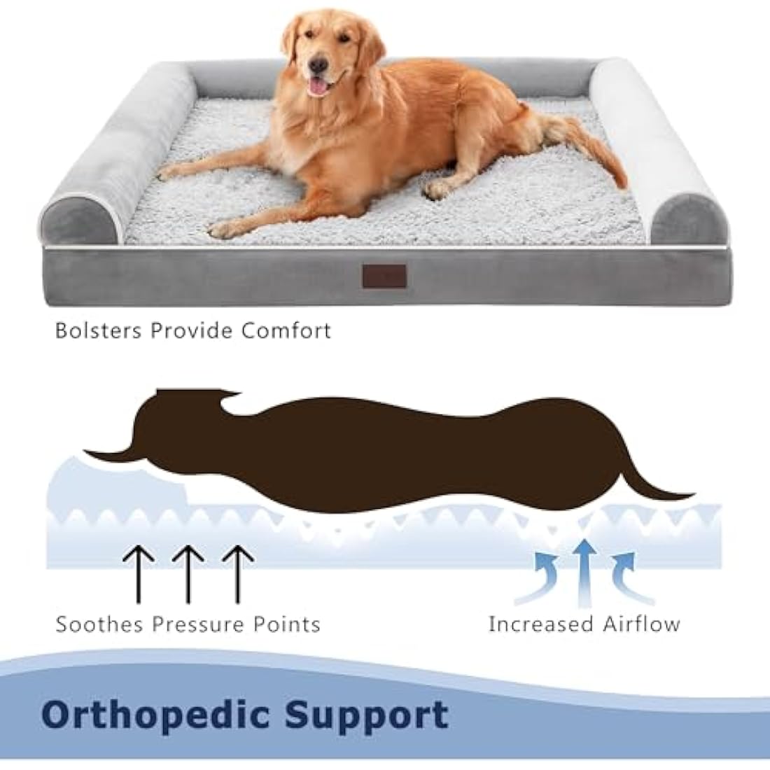 WESTERN HOME Dog Bed Large Dog Beds Orthopedic Dogs Beds Extra Large Pet Sofa Bed Couch for Dods Cats Washable Waterproof Cover, Egg Foam Grey, 106 x 76 x 19 cm