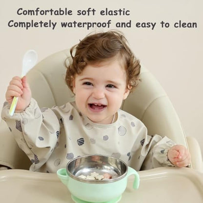 PewinGo Weaning Bib with Long Sleeves & BLW, Soft and Skin-Friendly Material, Coverall Bibs for Baby Feeding, Waterproof and Easy to Clean & Machine Washable,for Baby Infant Toddlers (Beige)