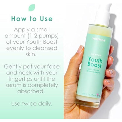 WildMint Youth Boost Natural Face Serum | Hydrating Anti-Aging Serum for Sensitive, Dry, Mature & Menopause Skin | Hyaluronic Acid & Vitamin C | UK Made Vegan & Cruelty-Free Skincare | 100ml