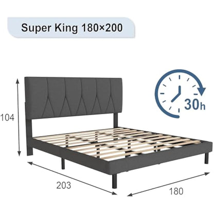 Yocreat Super King Bed Frame, Dark Grey, Upholstered Wooden Slat Bed Frame with Headboard, Easy Assembly, Underbed Storage, No Box Spring Needed 180×200