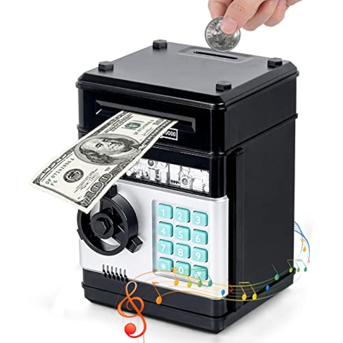Thedttoy Digital Money Box Mini ATM Safe Money Bank for 3 4 5+ Years Old Kids, Cash Coins Saving Box Safe Money Box for Boys Girls, Perfect Piggy Bank Toy Gifts for Birthday Children's Day (Black)