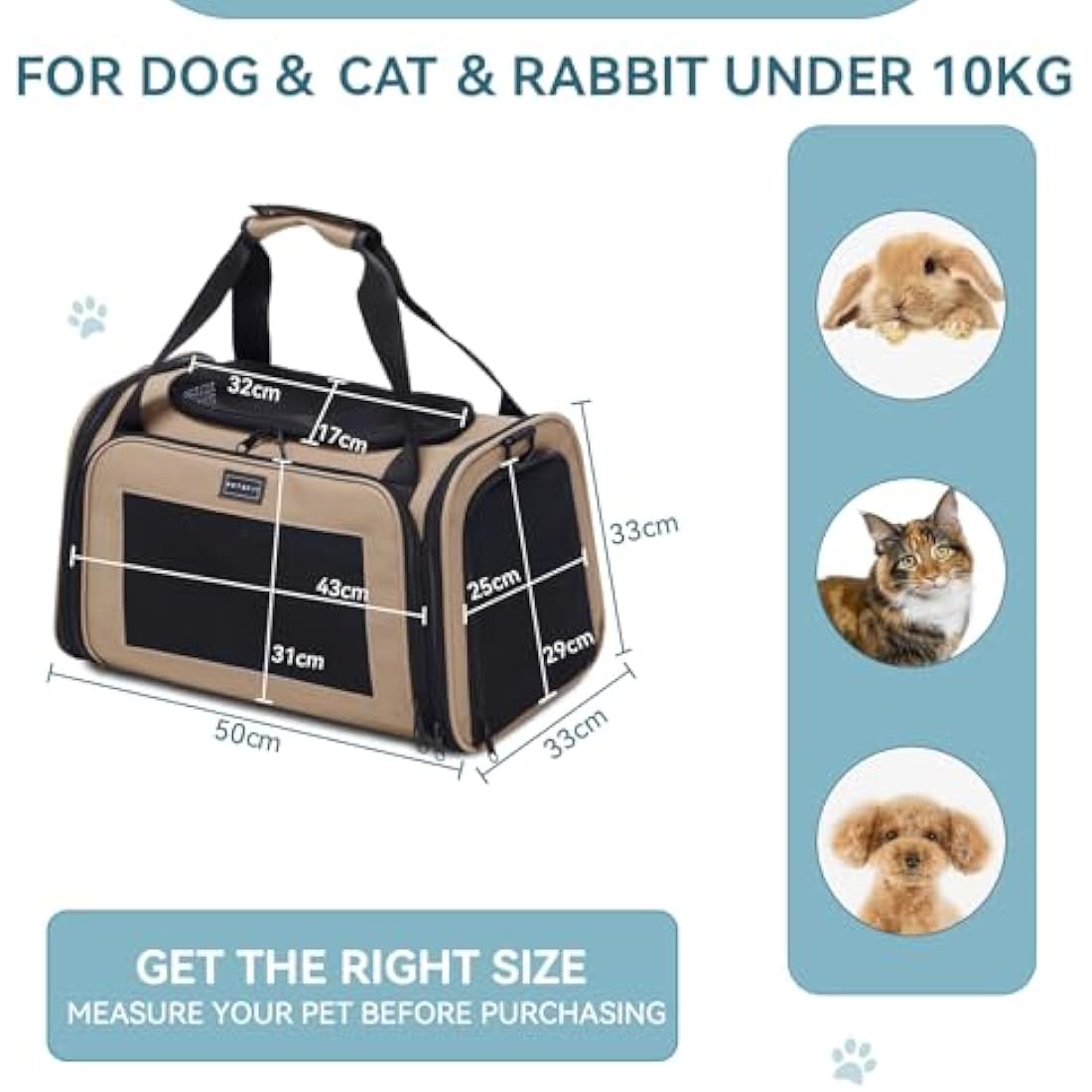 PETSFIT Dog Travel Carrier for Small Dogs with Extendable Fleece Pet Mat, Puppy Dog Carrier with Safety Leash for Pets Up to 25 Lbs (50 * 33 * 33CM, Khaki)