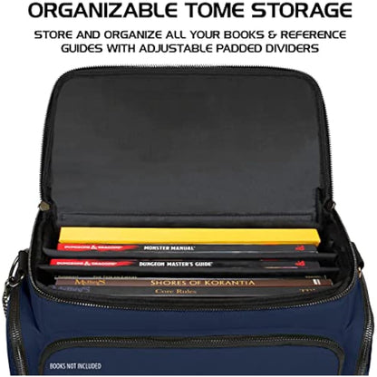 ENHANCE Collector's Edition RPG Adventurer's DND Bag - Dragon Hide Exterior Travel RPG Bag with Tabletop Miniatures Storage Vault, Mat Holder, DND Dice & Token Pockets, Fits 4-8 Books (Dragon Blue)