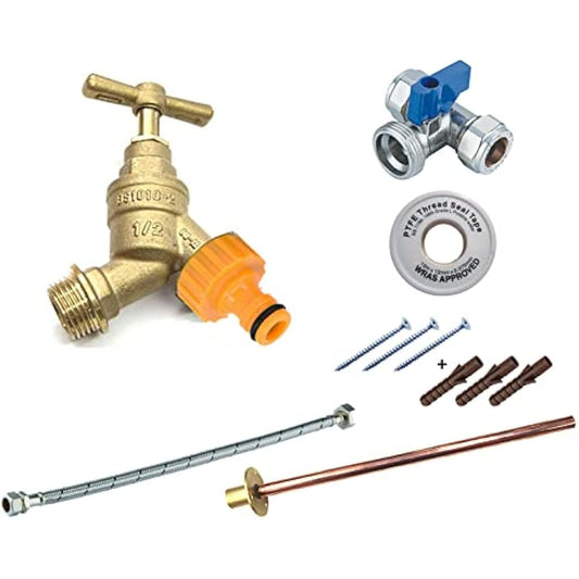 Pipestation® Complete Outside Tap Kit Garden Hose Fitting Set Tap + Wallplate Tube + PTFE + Connector +Flex+ Isolator Full kit