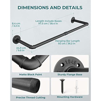 OROPY Industrial Pipe Clothes Bar Rack, Set of 2, 92cm Wall Mounted Detachable Retro Metal Garment Hanging Storage Rail (Double Base)