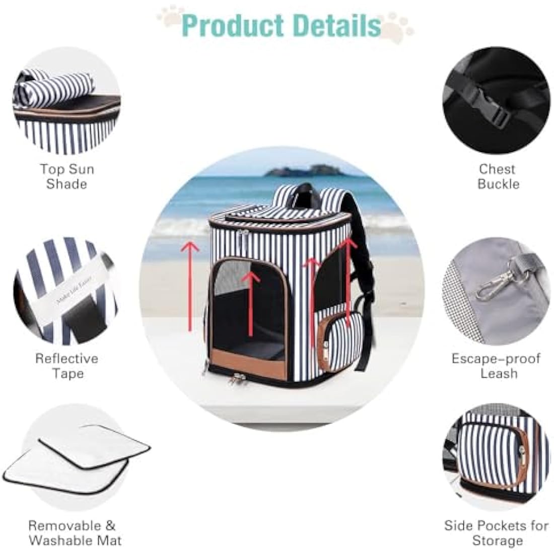 Lekesky Expandable Cat Carrier Backpack - Portable Breathable Rucksack for Medium and Small Cats & Dogs, Foldable with Inner Escape-proof Leash and Pet Mat, Supports 25 lbs (Striped)