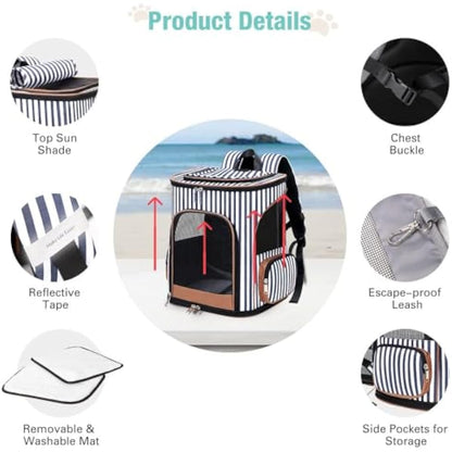 Lekesky Expandable Cat Carrier Backpack - Portable Breathable Rucksack for Medium and Small Cats & Dogs, Foldable with Inner Escape-proof Leash and Pet Mat, Supports 25 lbs (Striped)