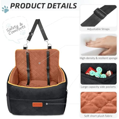 HEGGCOOE Small Dog Car Seat, Memory Foam Dog Booster Seats with Thick Cushion for Medium Dogs Under 35lbs, Detachable Washable Pet Car Seat with Storage Pockets,2 Safety Belts-Black/Z