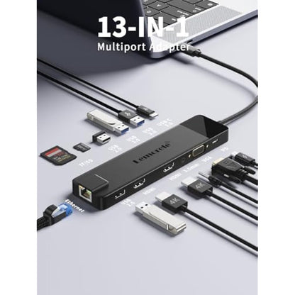 Upgrade Lemorele 13 in 1 Docking Station, 3*Display USB C Hub Adapter to 2 HDMI 4K,VGA,Gigabit Ethernet,2 USB 3.0& 2.0, USB C 3.0 Data,100W PD,3.5mm Audio for Lenovo,Surface,MacBook Laptop