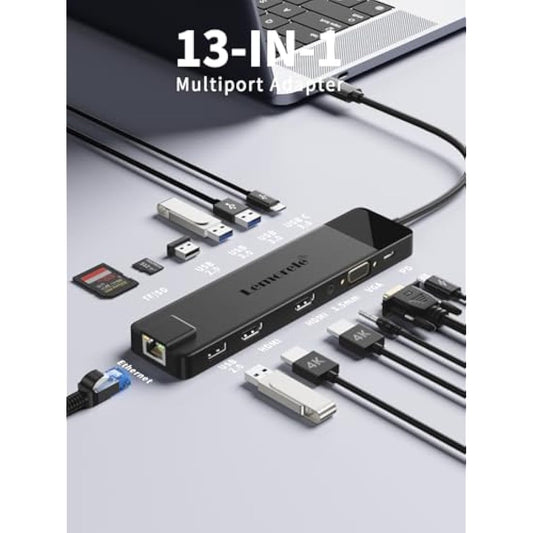 Upgrade Lemorele 13 in 1 Docking Station, 3*Display USB C Hub Adapter to 2 HDMI 4K,VGA,Gigabit Ethernet,2 USB 3.0& 2.0, USB C 3.0 Data,100W PD,3.5mm Audio for Lenovo,Surface,MacBook Laptop