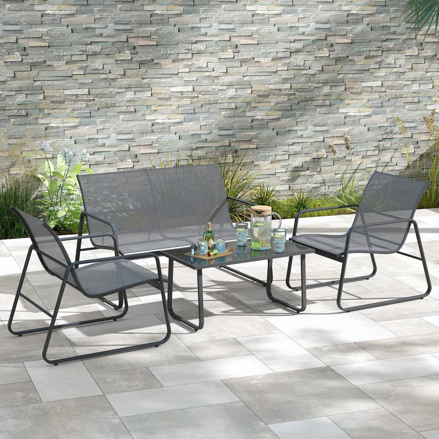 Outsunny 4 Piece Garden Furniture Set Outdoor Patio Sofa Set with Double Chair, Single Chairs and Glass Top Table for Terrace and Balcony, Light Grey