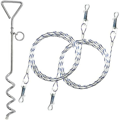 2x 1.5m Reflective Dog Chains for Outside - Tie Out Cable with (40cm) Heavy Duty Steel Spiral Ground Spike Dog Stake Tether, Outdoor, Camping (Cable & Stake, Assorted)