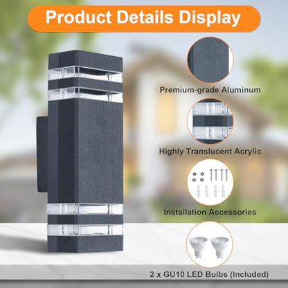 CELAVY Outdoor Wall Lights Mains Powered Outside Up Down Lights, IP65 Waterproof LED Porch Front Door Light, Square GU10 External Modern Lighting Exterior Electric Sconce Lamp for House, Grey