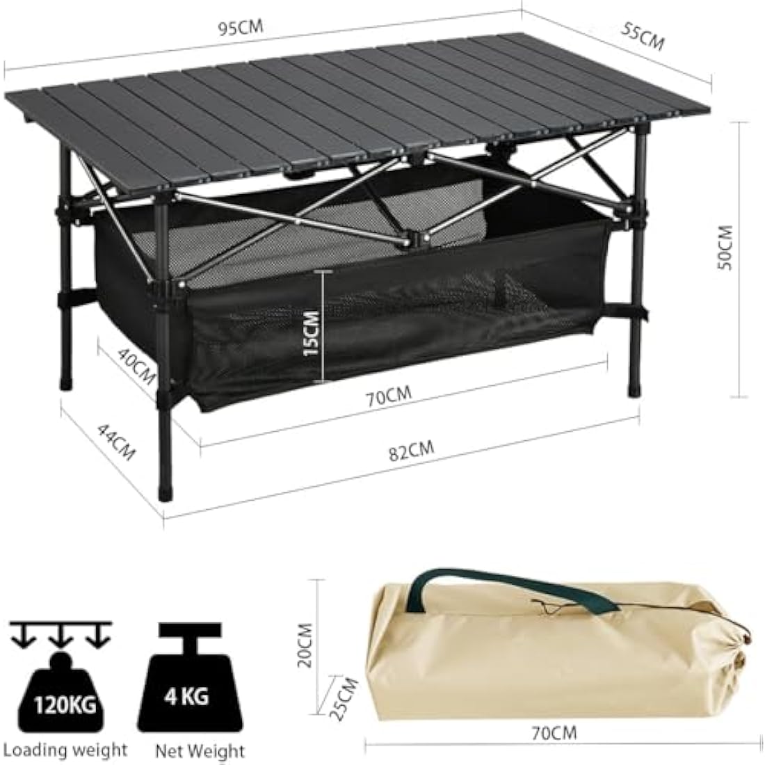 Foldable Camping Table, Alloy Steel Roll-up Picnic Table with Large Storage and Carrying Bag for Outdoor Picnic, Camping, BBQ, Party, Backyard, Beach