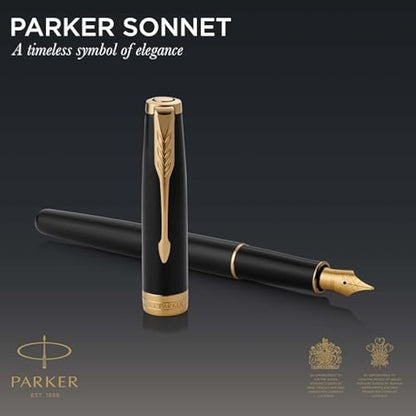 Parker Sonnet Fountain Pen | Black Lacquer with Gold Trim | Fine Nib | Gift Box