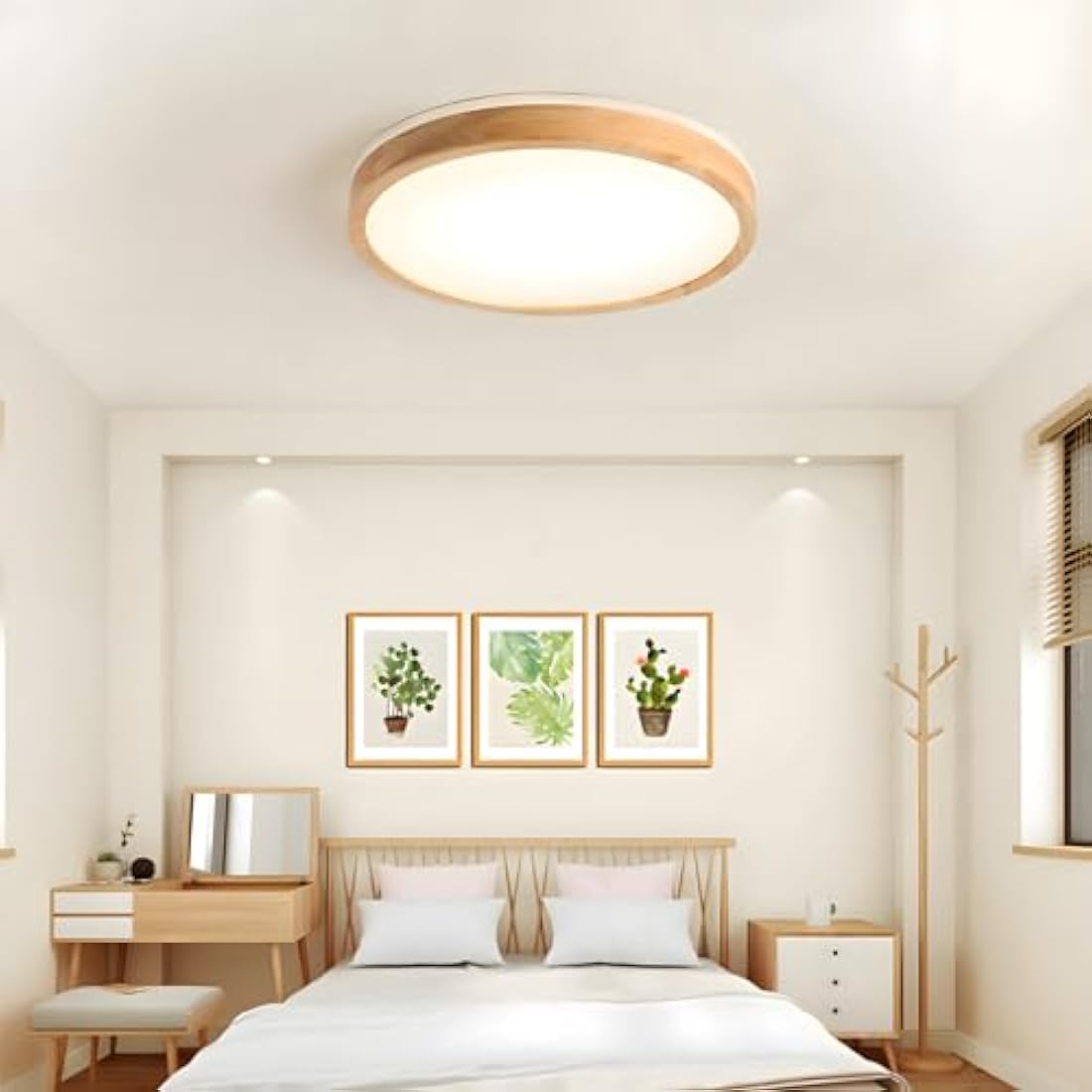 WayLuoung Wood LED Ceiling Light | Ø40cm 3000-6000K 30W | Round Top 360° Glow Natural Wooden Lamp, Bedroom Living Room Children's Room Kitchen Dining Room Home Office (Dimmable with Remote Control)