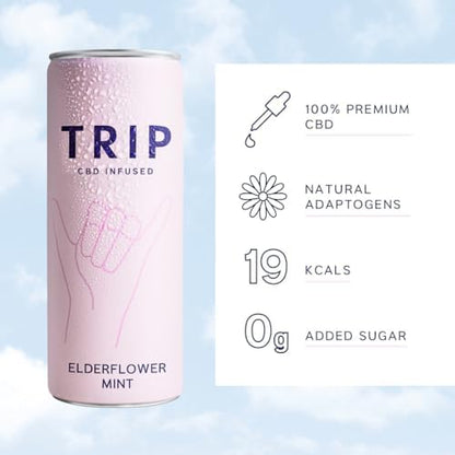 TRIP CBD Drink, Sparkling Elderflower Mint Fizzy Drink, Low Calorie, Vegan (Pack of 24 x 250ml)