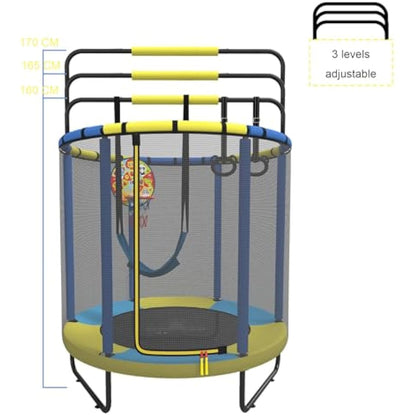 PILIN Children's Trampoline, Indoor/Outdoor Trampoline with Swings, Gymnastics Poles, Hoops, Basketball Hoop/Dart Board, 145x170 cm, Load Capacity 50kg