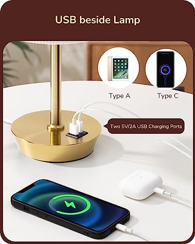 EDISHINE Bedside Lamps Set of 2, Touch Table Lamps with 2 USB Ports, Round Pleated Shade, 3 Way Dimmable Lamp for Bedroom, Living Room, Home Office, Gold (Bulb Included)