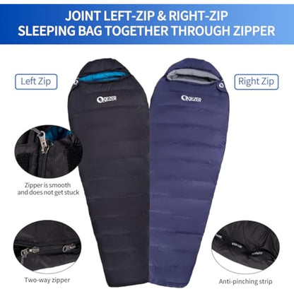 QEZER Down Sleeping Bag 4 Season, Lightweight Winter Sleeping Bag 0 Degree to -12 Degree C for Adults and Kid Camping, Hiking and Backpacking Outdoor Filled 600+FP Down