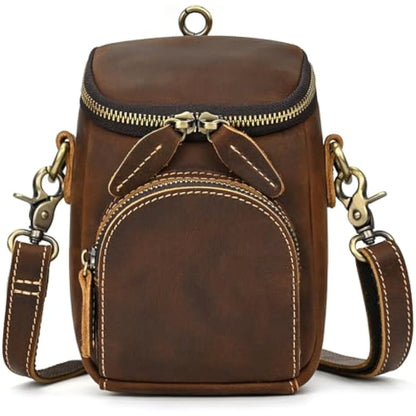 Mini Mens Genuine Leather Messenger Shoulder Bag Motorcycle Bike Riding Cycling Multi Waist Fanny Pack Small Leather Leg Bag for Wallet Coin Key iPhone, 9391 Brown