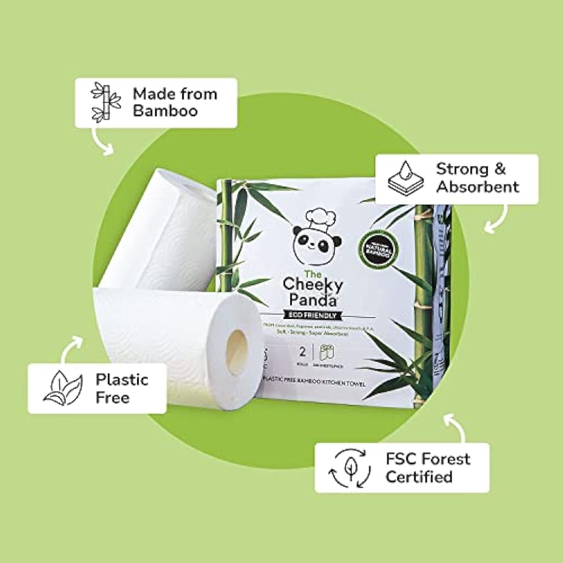 The Cheeky Panda Bamboo Kitchen Roll | 10 Kitchen Rolls - 1000 Super Strong Sheets | Naturally Strong and Absorbent Plastic Free Kitchen Paper Towels
