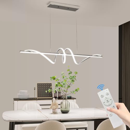Mikeru 120cm Spiral Pendant Lighting, Chrome Kitchen Ialand Lights 3000K/4500K/6500K Dimmable 10% to 100% Hanging Modern LED Dining Lamp Ceiling with Memory Function for Living Room