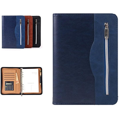 Gift for Men,SAYEEC A5 Executive Conference Folder Travel Portfolio Ringbinder Folio Zip Around PU Leather Loose Leaf Refillable Lined Paper Business Notebook Zipped Organiser with Calculator (Blue)