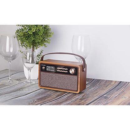 Roxel Retro D1 Vintage DAB+/FM Radio Wireless Speaker | Bedside Alarm Clock with Sleep Function. Rustic Exterior, Mains and USB Rechargeable, TF card, AUX and USB Compatible (Walnut)