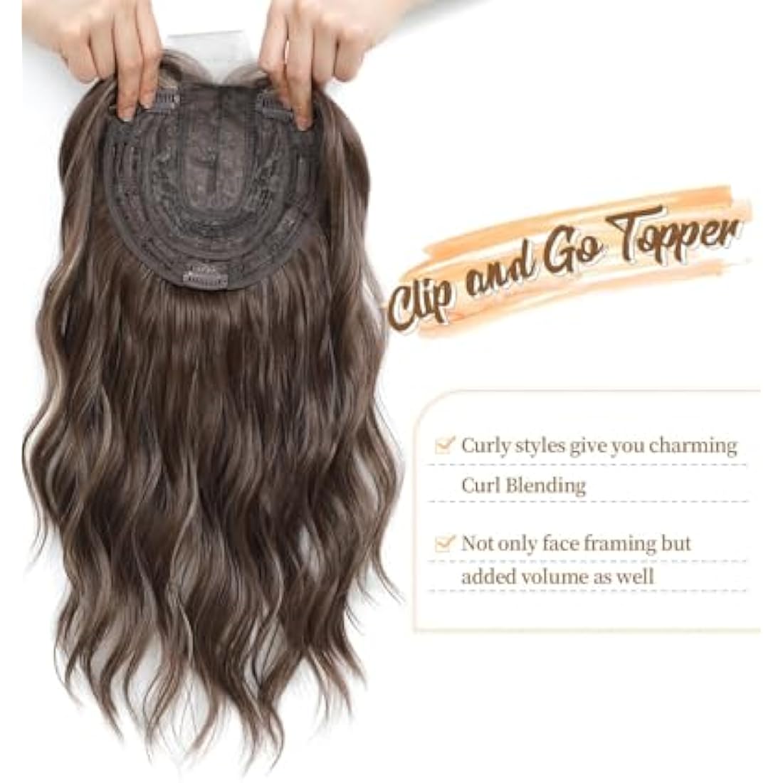 MORICHY 16Inch Wavy Curly Fringe Clip in Hair Topper - Add Volume & Thickness for Women (Brown Highlights)