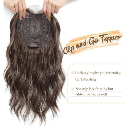 MORICHY 16Inch Wavy Curly Fringe Clip in Hair Topper - Add Volume & Thickness for Women (Brown Highlights)