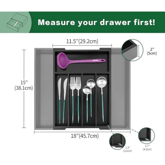 Utoplike Bamboo Cutlery Drawer Organiser Trays, Expandable Utensil Organiser, Adjustable Silverware and Flatware Holder, Drawer Dividers for Spoons Forks Knives in Kitchen, Bedroom, Large, Black