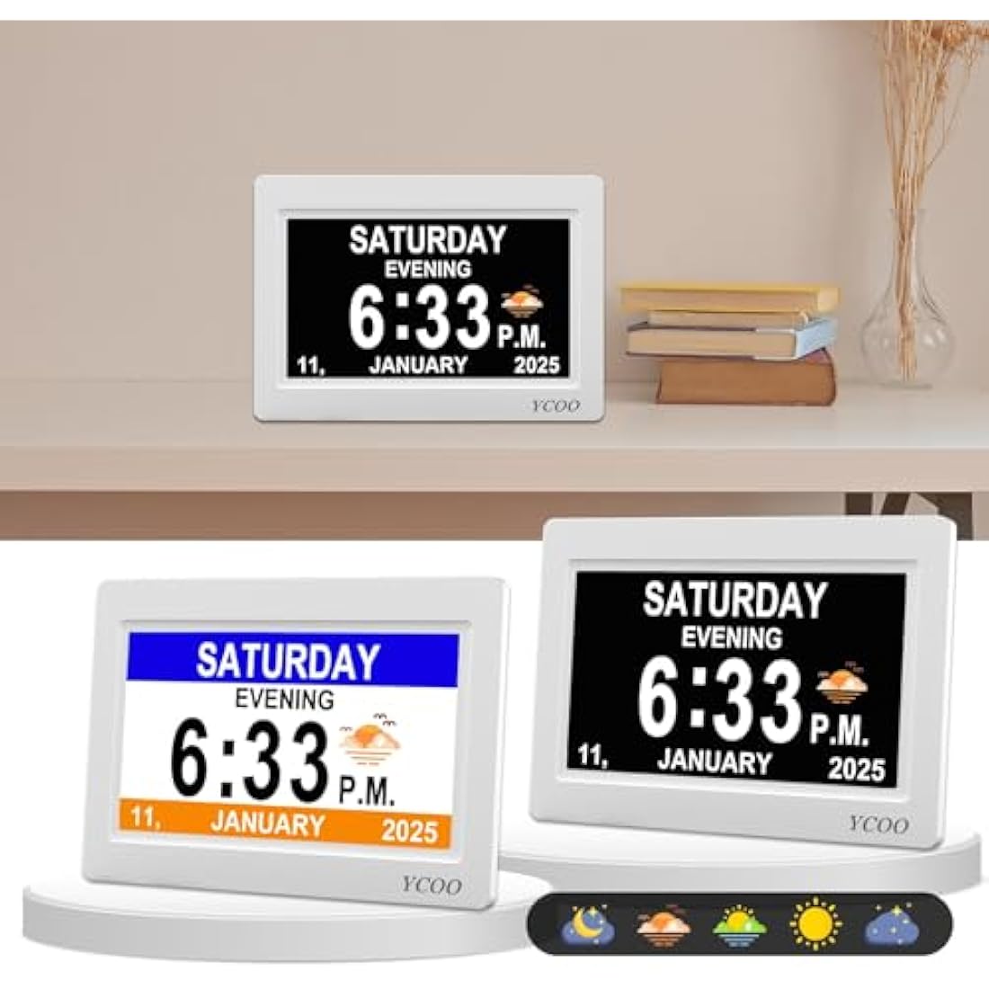 YCOO Dementia Clock, Day Date Digital Clock with Sun/Moon Icons, Large Clear Digital Display, Auto DST, 7 Display Modes, Wired Power Supply Clocks. (7 Inch White)