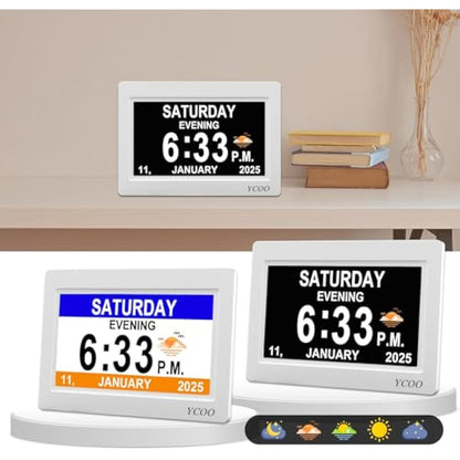 YCOO Dementia Clock, Day Date Digital Clock with Sun/Moon Icons, Large Clear Digital Display, Auto DST, 7 Display Modes, Wired Power Supply Clocks. (7 Inch White)