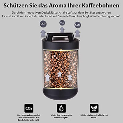 KC Kitchen & Co. Coffee Can Airtight for 1 kg Coffee Beans with Vacuum Lid (Holder for Coffee, Tea, Stainless Steel Storage Tin, Aroma Close, Storage Tin, Matte Black, 2800 ml