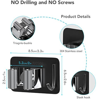 homeasy Mop Broom Holder, 4 Pcs Stainless Steel Self Adhesive Mop Holder Wall Mounted with Hooks Hanger Self-Adhesive Broom Holder for Bathroom, Kitchen, Office, Closet, Garden Garage(Black Mix)