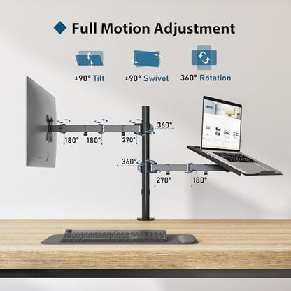 BONTEC Monitor Arm with Laptop Tray, Laptop Desk Mount for 13-27 Inch Screen and 17 Inch, Height Adjustable Full Motion VESA Mount, Tilt Swivel 360° Rotation, Cable Management Included