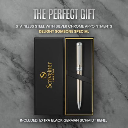 Scriveiner Stainless Steel Ballpoint - Stunning Luxury Pen with Stainless Steel Finish, Schmidt Black Refill, Best Ball Pen Gift Set for Men & Women, Professional, Executive, Office, Nice Pens