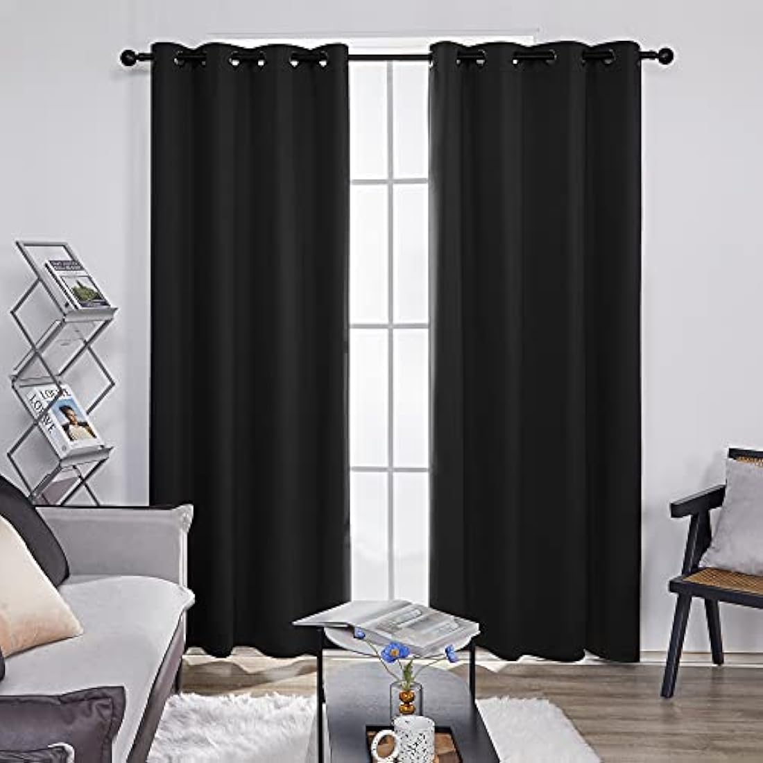 Deconovo Blackout Curtains Eyelet Super Soft Thermal Insulated Window Treatment Ring Top Blackout Curtains for Livingroom 66 x 90 Drop Inch Black 2 Panels