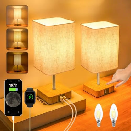 Touch Control USB Table Lamp, Dimmable Nightstand Lamps with USB Charging Ports, Small Touch Lamp with Wood-grain Base ＆ Fabric Shade for Bedroom, Living Room, Children's room, Bulb Included, 2 Pack