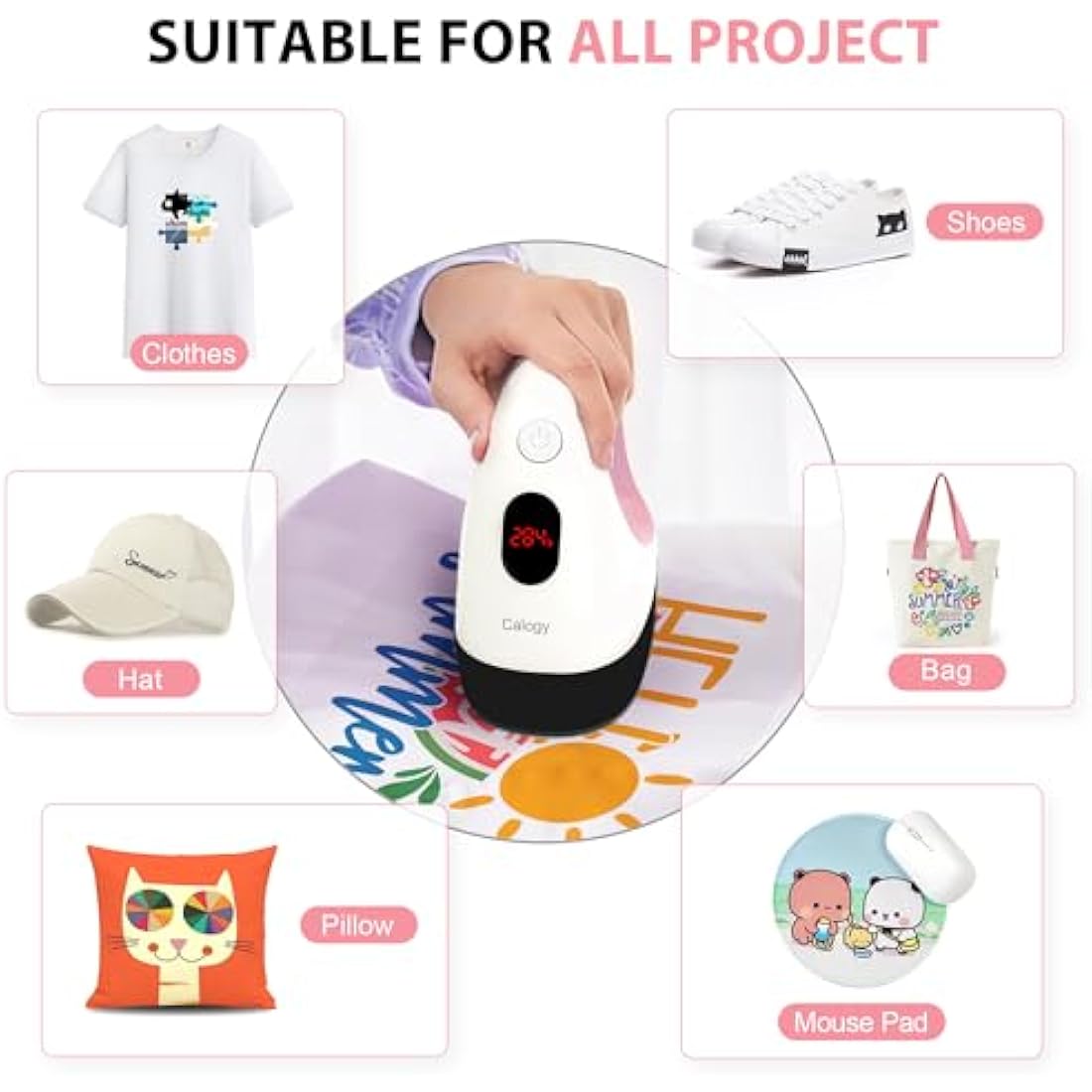 Calogy Mini Heat Press, Heat Transfer Printer, Constant Temp Control, Insulated Safety Base, Fits for Crafts, T-Shirt, Hat, Cap, Pillows
