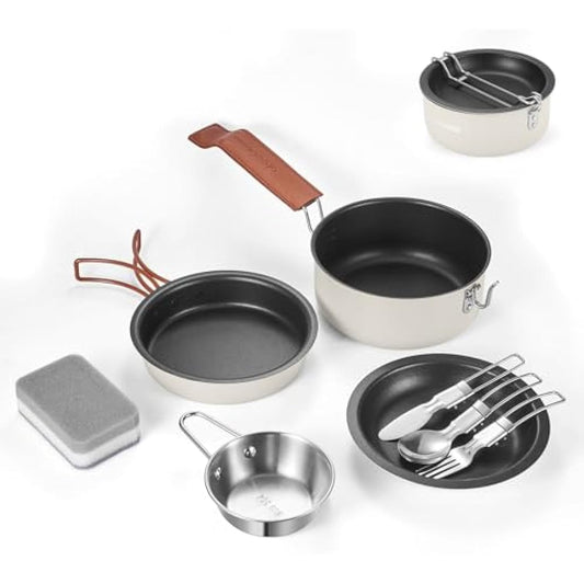 Odoland 10 pcs Camping Cookware Set, Non-Stick Lightweight Cooking Set with Plates Bowls Forks Knives and Spoons - Perfect for Backpacking, Camping, Hiking and Picnicking Milk White