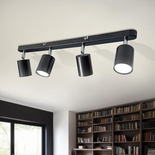 Sweier 4 Way Rotatable Black GU10 Ceiling Spotlight, 4x5W Cool White 6000K Adjustable Ceiling Light (Bulb Provided), Black Spotlights Strip for Living Room, Bedroom, Hallway, Kids Room, Kitchen