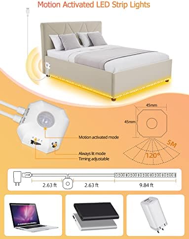 Daymeet Motion Sensor LED Strip Lights, 3M Under Bed Lights Motion Activated Bedside Lamp Illumination Cupboard Kitchen Lighting Indoor Night Light Under Cabinet Light,(Warm White) NO APP