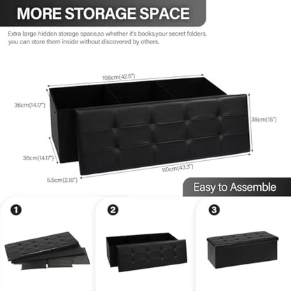 Bonlife End of Bed Storage Bench,Folding Black Ottoman Seat,Toy Chest Box Bedside Table Faux Leather Footstool for Living Room,110x38x38cm
