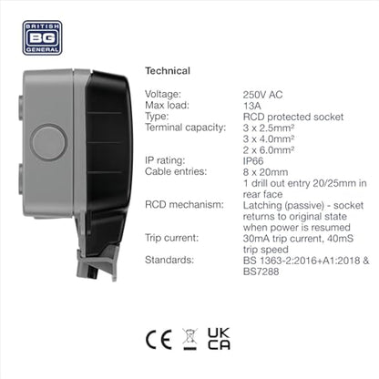 BG Electrical WP22RCD-01 Double Weatherproof Outdoor Switched Power Socket with Latching RCD, IP66 Rated, 13 Amp