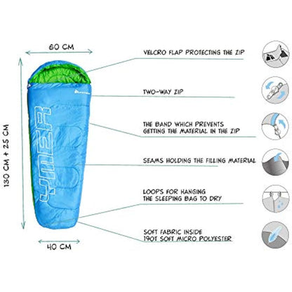 Meteor - YMER Kids Sleeping Bag – Camping Equipement for Girls, Boys & Teens – Compact Travel Gear for Hiking, Sleepover – Winter, Spring, Summer or Fall – for Kids 155 cm Tall - Blue/Green